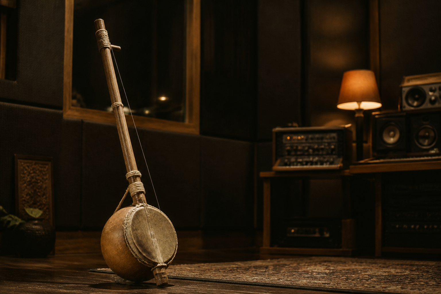 A handcrafted ektara standing in a contemporary recording studio